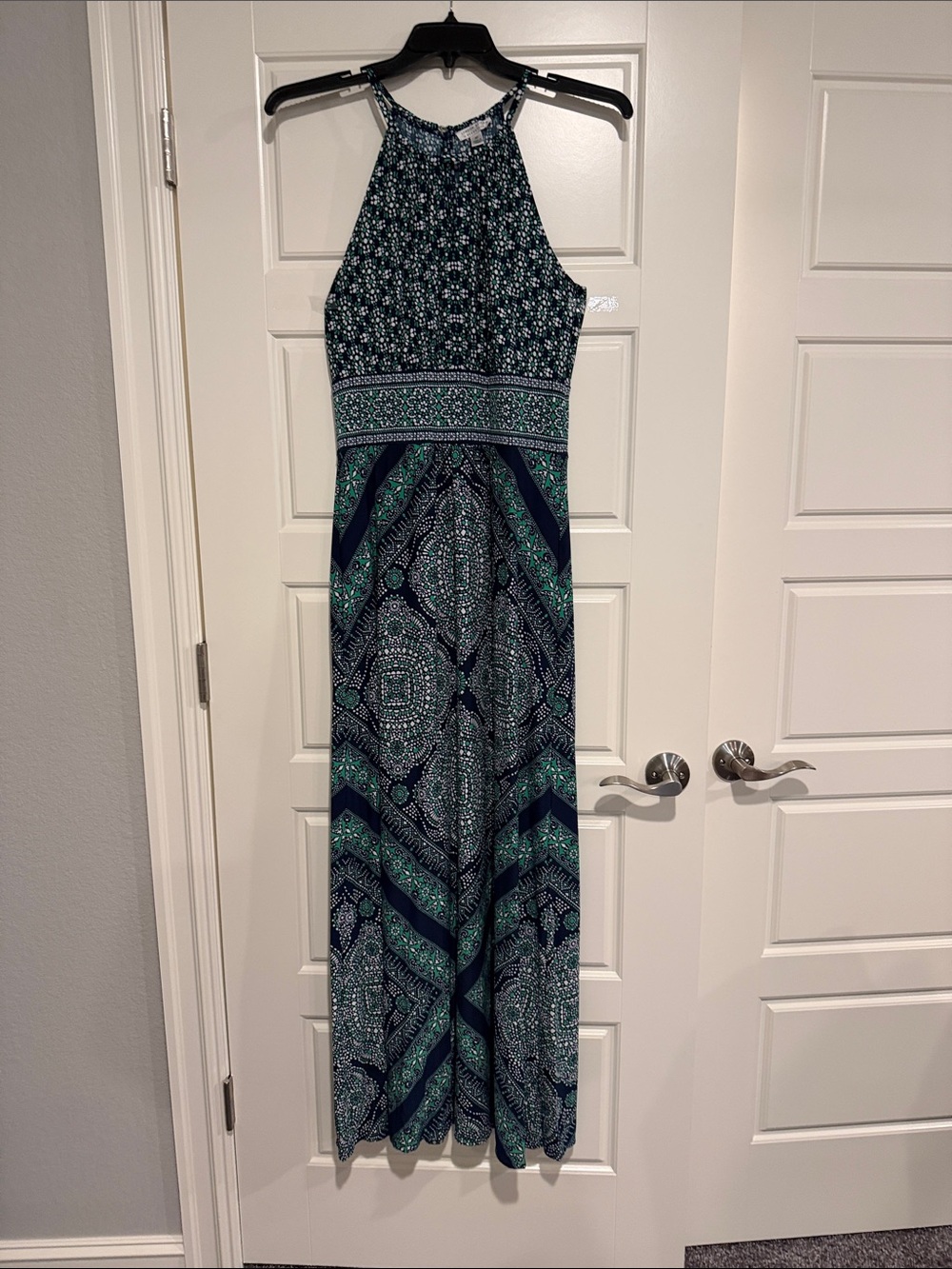 London Times Teal and Navy Printed Halter Maxi Dress